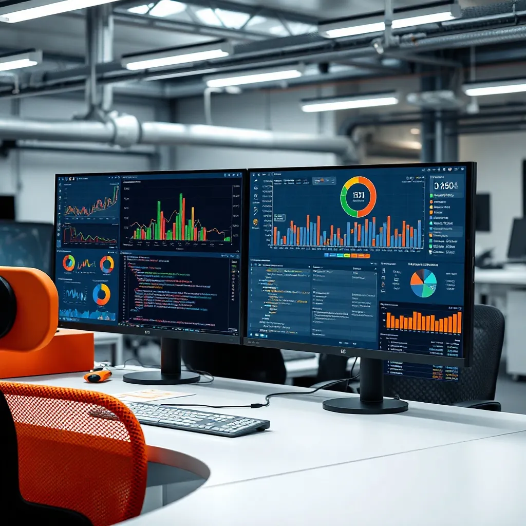 Professional workspace with high-tech monitors showing data