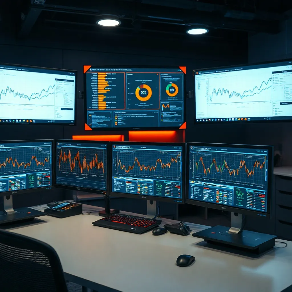 A high-tech workspace with multiple monitors showing data vi